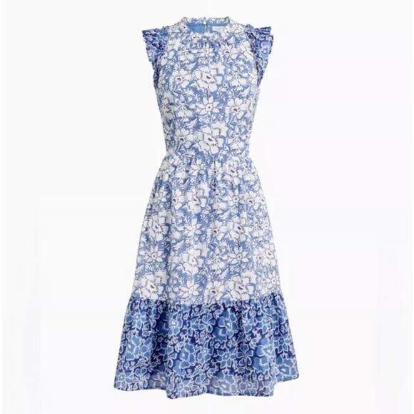 J.Crew Dress Ruffle Sleeve Midi Blue White Floral Cotton CA214 Women’s size 2 - Picture 3 of 12